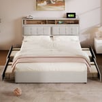 Lit double avec 4 tiroirs & prise usb c, lit capitonné 140x200cm, tête de lit réglable en hauteur, sommier à lattes en bois (sans matelas) beige