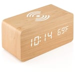 Yzmrbdqc - Réveil en bois avec chargeur sans fil Qi compatible avec iPhone Samsung Horloge numérique led en bois Fonction de contrôle du son, heure,