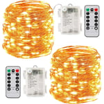 2 x 10m batteridrivna LED-ljusslingor 100 LED-lampor Timerfunktion med fjärrkontroll IP65 för julbröllopsfest Hemträdgård Yellow light