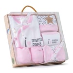 Coffret cadeau pour bébé: ensemble 5 pièces, modèle I love Mama Papa, rose