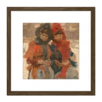 Isaac Israels Two Young Women In The Snow 8X8 Inch Square Wooden Framed Wall Art Print Picture with Mount