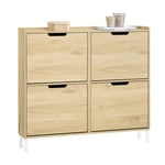 SoBuy Meuble Chaussure, Rangement Chaussure, Meuble d'Entrée, Armoire à Chaussures, Meuble de Rangement, Commode à 4 Abattants, Coffre Rangement, Pieds en Fer, Naturel, L100xP19xH90cm, FSR100-N