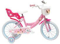 Vélo Enfant 16'' Fille Princess de Disney équipé de 2 Freins, Panier Avant, Porte poupée arrière, Garde-boues et Stabilisateurs, Rose