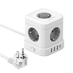 JSVER Cube Bloc Multiprise 5 Prises avec 4 Ports USB C Chargeur (5V3,4A/17W) Prise Multi und Interrupteur pour Domicile, Bureau Cable 2m-Blanc