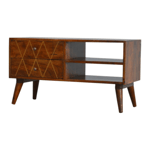 Geometric Brass Inlay Media Unit Cabinet up to 42" TVs Solid Dark Mango Wood UK