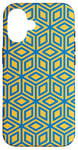 Coque pour iPhone 16 Yellow Blue Geometric Hexagons Cubes Squares Mesh Pattern