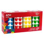 APLI Kids 19502 - Pack de 4 rouleaux de gommettes en forme de cœur - Couleurs: bleu, vert, jaune, rouge - Adhésif permanent - Format idéal pour les activités manuelles en groupe.