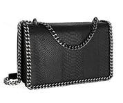 CRAZYCHIC - Sac Bandoulière Chaîne Cuir Serpent Effet Matelassé - Sac à Main Femme Imitation Cuir Rigide PU Porté Epaule - Rabat Python Bordures Chaînes - Besace Mode Chic Tendance - Noir