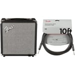Fender Rumble 15-15W Electric Bass Guitar Combo Amplifier - Suitable for Electric Bass Guitar & 990820025 Professional Series Instrument Cable - 10 ft - STR/ANG - black, 3 metre