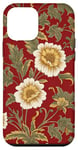 Coque pour iPhone 12 mini Fleurs blanches mignonnes sur rouge foncé vintage art