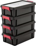 Iris Ohyama, Plastic tool Storage Boxes with Lid and Clip closing, 4L, Set of 4, Stackable, BPA Free, Attic, Shed, Garage, MBX-4, Black