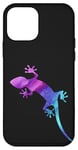 Coque pour iPhone 12 mini Bleu Violet cyan lézard gecko fond noir amoureux des animaux