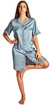 Laura in - Pyjama Chemise de Nuit Longue Longueur Genou en Soie Satin pour Femme avec Dentelle, Vêtements de Nuit Chemise boutonnée à Manches Courtes.-Gris-M-L-1605