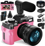 Mo Appareil Photo numérique pour la Photographie et la vidéo, Appareil Photo 4K 48MP pour Youtube avec écran pivotant à 180°, Zoom numérique 16X,Carte SD 32gb,Pink