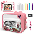 Ukuu Appareil Photo Instantané pour Enfant, 2 Pouces 1080P avec 3 Rouleaux de Papier à Imprimer et 5 Couleurs Stylo Pinceau Cadeau Caméra Vidéo Noir et Blanc avec Carte SD de 32 Go (Pink)