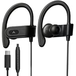 Avantree C171 - Wired USB C Headphones & Microphone for Sports and Running with Over-Ear Earbud Hooks and in-Line Volume Control, Compatible with Samsung, iPhone 15 Google and Other Type C Smartphone