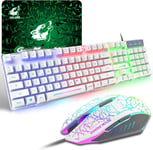 Ensemble Clavier Souris Gaming, QWERTZ DE Layout Clavier Rétroéclairé Coloré LED Filaire Souris 6 Boutons 2400DPI Tapis de Souris, Compatible avec Windows, Mac OS, PS4, Xbox(Adaptateur Requis) Blanc