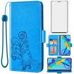 Asuwish Compatible with Huawei P30 Pro Wallet Case and Tempered Glass Screen Protector Flip Purse Accessories Wrist Strap Card Holder Stand Cell Phone Cover for Hawaii P30Pro P 30 Pro30 Women Men Blue