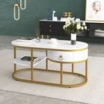 Table basse avec tiroirs et étagères - plateau effet marbre - structure en fer doré - blanc