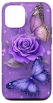 Coque pour iPhone 15 Pro Jolie rose violette et papillon avec étoiles et papillons