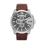 Diesel Watch for Men Mega Chief, Chronograph Movement, 59 mm Silver / Steel Stainless Steel Case with a Leather Strap, DZ4290