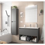 Caesaroo - Meuble de salle de bain suspendu 80 cm gris opaque avec un tiroir et un espace 80 cm - Avec colonne, miroir et lampe led