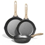 JEETEE Poêle À Frire 20/24/28 cm, Revêtement De Granit, Batterie De Cuisine 3 Pièces, Poignée Résistante À La Chaleur, Facile À Nettoyer Et Compatible Toutes Les Cuisines,Sans Pfoa, Gris