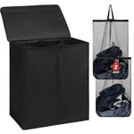 DOKEHOM 150L Double Panier à linge avec couvercle et sacs à linge amovibles, grand panier à linge pliable à 2 compartiments pour chambre, salle de bain, buanderie, université (Noir)