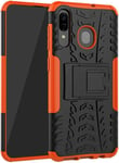 Double Couche 2 En 1 Hybride Couverture Blindée Robuste Defender Cover Avec Fonction Support Etui De Protection De Résistance Aux Chocs Pour Samsung Galaxy A30 / Samsung Galaxy A20 Orange