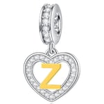 Letter Z Charms Initial Necklace Pendant, 18K Gold Plated Letra z, 925 Sterling Silver Heart Alphabet Dangle CZ Beads, fit Pandora Open Bangle, Gifts for Fiance/Army Wife/Navy Mom