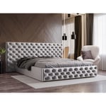 Lit double 180x200 Bella - Lit Chesterfield, lit glamour - sommier à lattes & coffre de lit - Gris clair (Magic Velvet 2218)