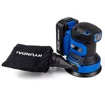 Hyundai 20v Max Cordless Rotary Sander - 2Ah Lithium-ion Battery - Brushed, 12x 125mm Sanding Pads, Dust Collector Bag - Soft Grip Handle - 6 Adjustable Speeds - 3 Year Warranty