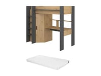 Lit mezzanine avec bureau et armoire - 90 x 200 cm - Coloris : Chêne et anthracite + matelas - AUCKLAND