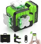 Niveau Laser Huepar 360 Vert Bluetooth Auto-nivelant Niveau Laser 3D Outil Croix Laser 12 Lignes avec Mode D'impulsion, Télécommande, Batterie Li-ion Rechargeable et étui de Transport Rigide