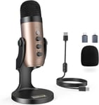 Microphone USB, Micro Gaming à Condensateur pour PC Téléphone PS5, avec Adaptateur pour Phone, Button Muet/Écho, pour Podcast, Enregistrement, Twitch, Streaming, ASMR, Windows, k66 Gold.[G15]