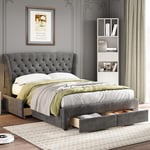 Merax Upholstered Double Bed, 4FT6 Bed Frame with Storage, 4 Drawers on Wheels, Soft Headboard and Backrest, Metal Underbed Bracket, No Mattress, Snowflake Fleece, Grey, 135x190cm