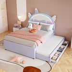 Lit gigogne 140x200cm+90x190cm, lit d'enfant avec 3 tiroirs, sommier à lattes et tête de lit forme licorne, matière PU, violet