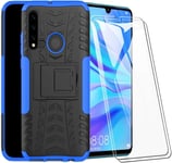 Coque Pour Samsung Galaxy A20s En Tpu Polyuréthane Antichoc Anti Rayure Heavy Duty Armor Avec Pied Support Intégré Bleu+2 Pack Verre Trempé Écran Protecteur