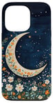 iPhone 13 Pro Floral Crescent Moon Dark Blue Cottagecore Botanical Case