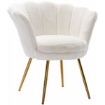 Fauteuil de Salon Chaise Coquillage avec Pieds Métal Fauteuil Scandinave pour Chambre, Fausse Fourrure, Blanc