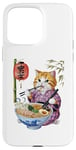 Coque pour iPhone 15 Pro Max Chat animé mignon en kimono mangeant des ramen Anime drôle