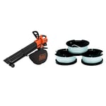 BLACK+DECKER Aspirateur-Souffleur-Broyeur sans Fil 36V, Souffleur de Feuilles Mortes, Volume d'aspiration 8,8 m3/Min & Lot de 3 Bobines de Rechange, 3 x 10 m de Fil en Nylon, Fil de ⌀1,5 mm