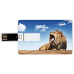 16G USB Flash Drives Credit Card Shape Safari Decor Memory Stick Bank Card Style Roaring Yawning Lion under the Clear Sky Summertime Sunny Day Dangerous African Animals Decorative Waterproof Pen Thumb