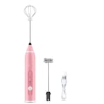 Handheld Milk Frother, USB Rechargeable Hand Mixer Coffee Frother Electric Handheld Foam Maker - with 2 Stainless Steel Whisk, 3 Speeds Milk Foamer Frother, Mini Blender for Coffee (Pink)