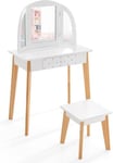 Coiffeuse Ensemble de Coiffeuse et Tabouret avec Miroir à 3 Volets Détachable Table de Maquillage avec Pieds en Pin Solides