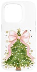 Coque pour iPhone 15 Pro Coquette rose avec nœud en ruban et sapin de Noël vert pour fille