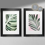 Hygge Creations Lot de 2 plantes tropicales vertes et roses – Art mural moderne | Cadre blanc sans passe-partout A4