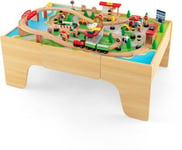 Table Circuit de Train Enfant en Bois 84Pcs Train Bois Jouet avec Plateau Réversible Amovible