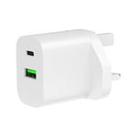 Daewoo Wall Charger, 30W, One USB-A and One USB-C Port, Fast Charge, Smart IC For Optimal Charging For Smart Phones, Tablets, And More, Durable Exterior, UK Plug, White