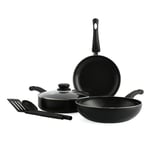 BK Brilliant Batterie de Cuisine Saine à Induction 6 pièces en Céramique,Poêle à frire,Wok,Sauté,Ustensiles,Va au Four jusqu'à 160°C,Durable et Professionnel,Va au Lave-vaisselle,Sans PFAS,Noir